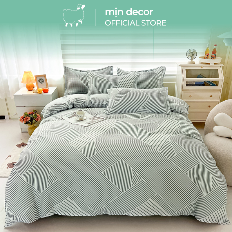 Bộ chăn ga gối MỊN DECOR cotton 3D bo chun trang trí phòng ngủ phong cách vintage - Hoạ tiết kẻ hoa lá dễ thương