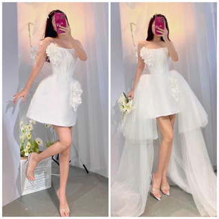 Đầm mặc cưới TRIPBLE T DRESS đính bông hoa nổi kèm tùng lưới ( có tách sét bán rời )