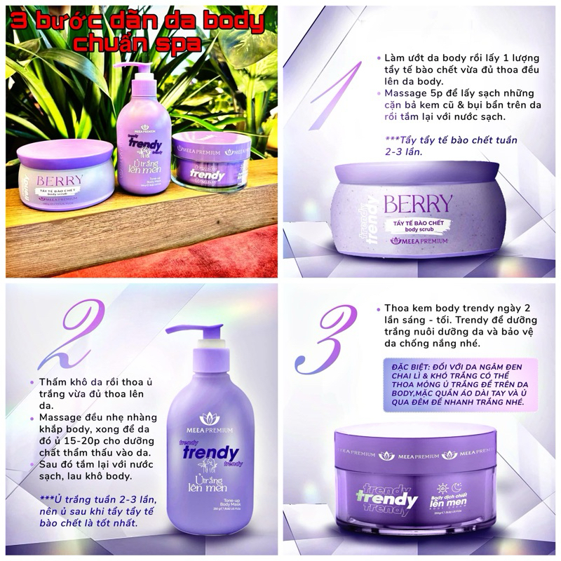 Combo Ủ Trắng Lên Men Trendy, Kem Body Trendy & Tẩy Tế Bào Chết Body Chính Hãng Meea Premium