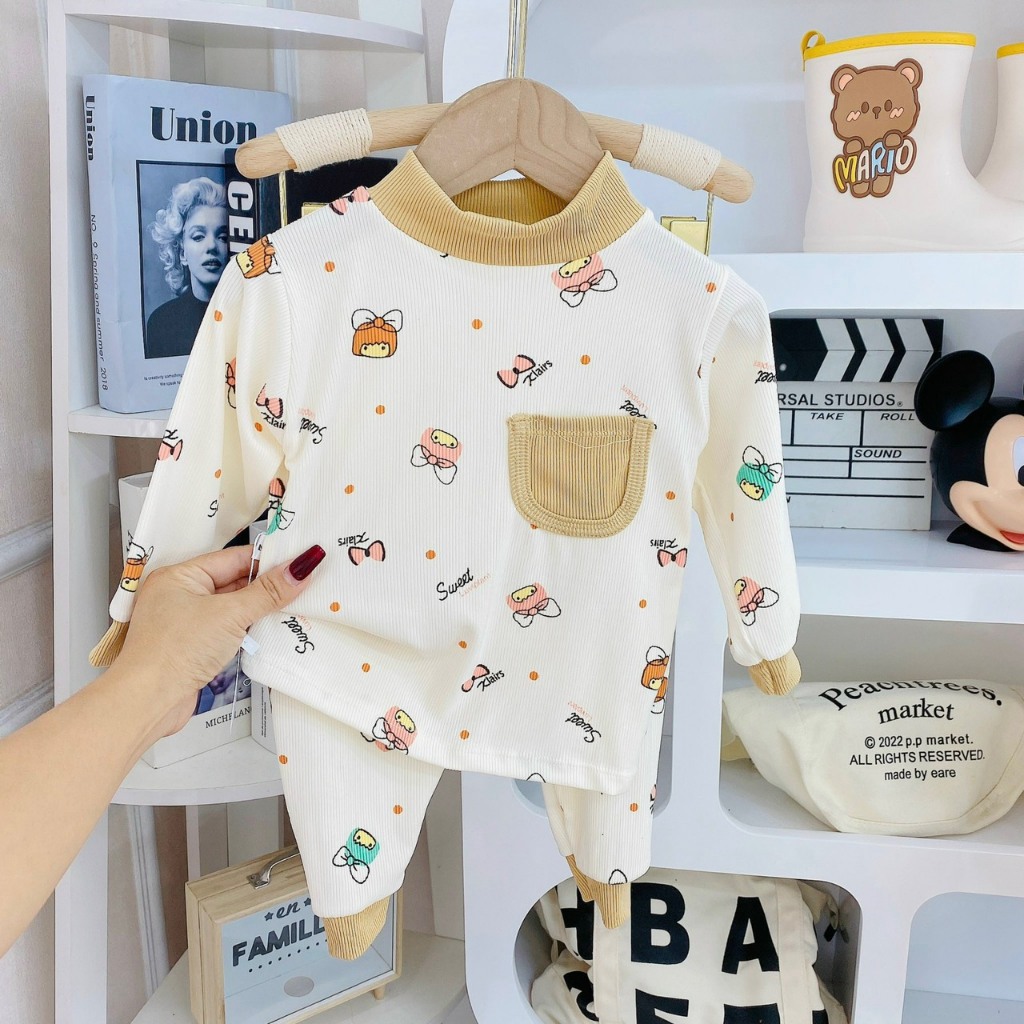 Bộ thu đông dài tay cho bé, tăm dài tay, hoạ tiết, cổ 3 phân, túi ngực size 6-16kg