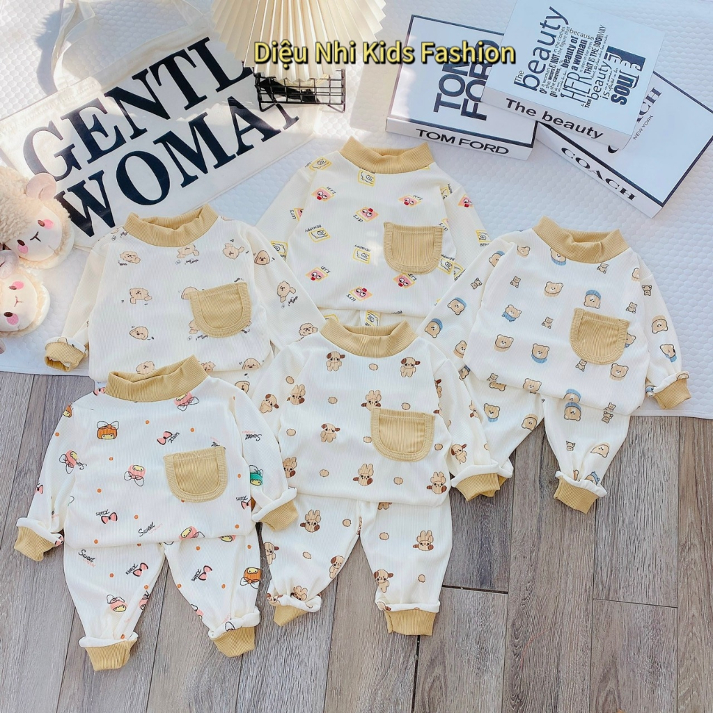 Bộ thu đông dài tay cho bé, tăm dài tay, hoạ tiết, cổ 3 phân, túi ngực size 6-16kg