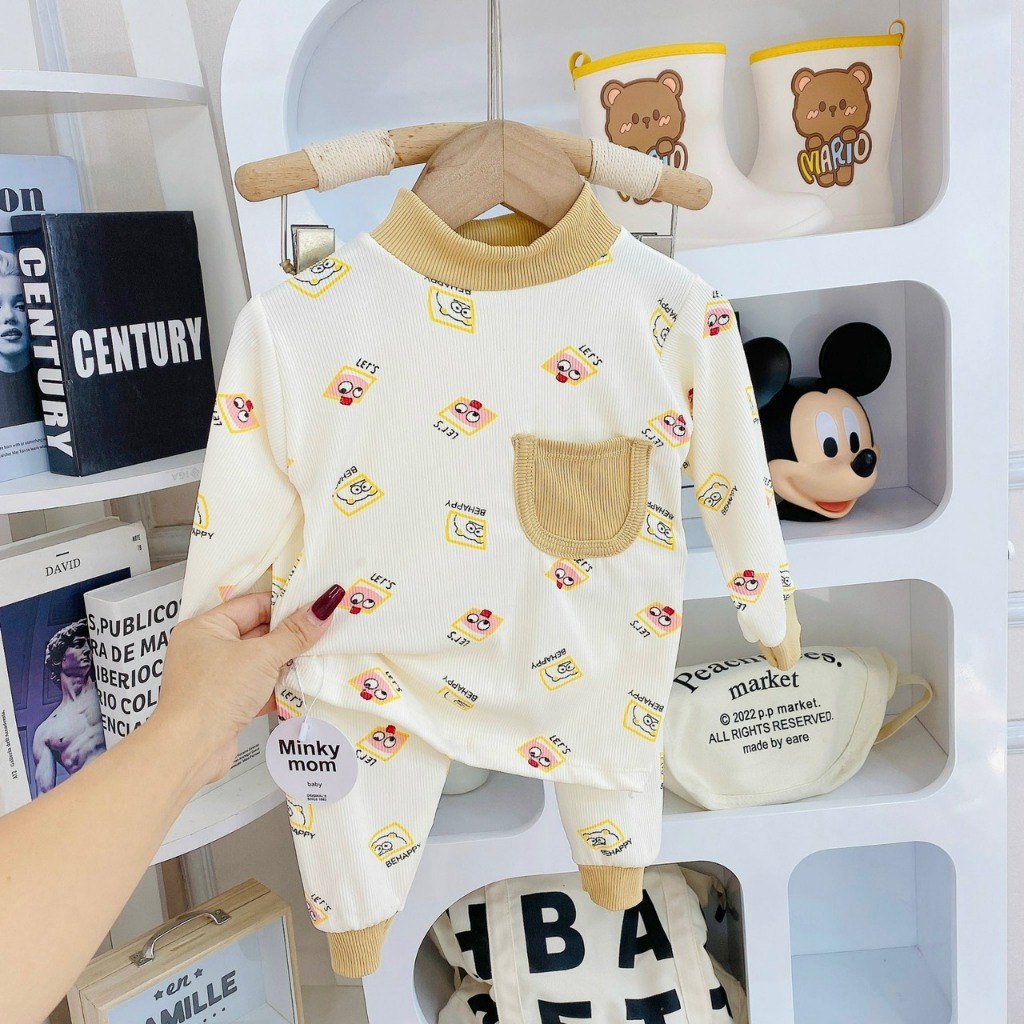 Bộ thu đông dài tay cho bé, tăm dài tay, hoạ tiết, cổ 3 phân, túi ngực size 6-16kg