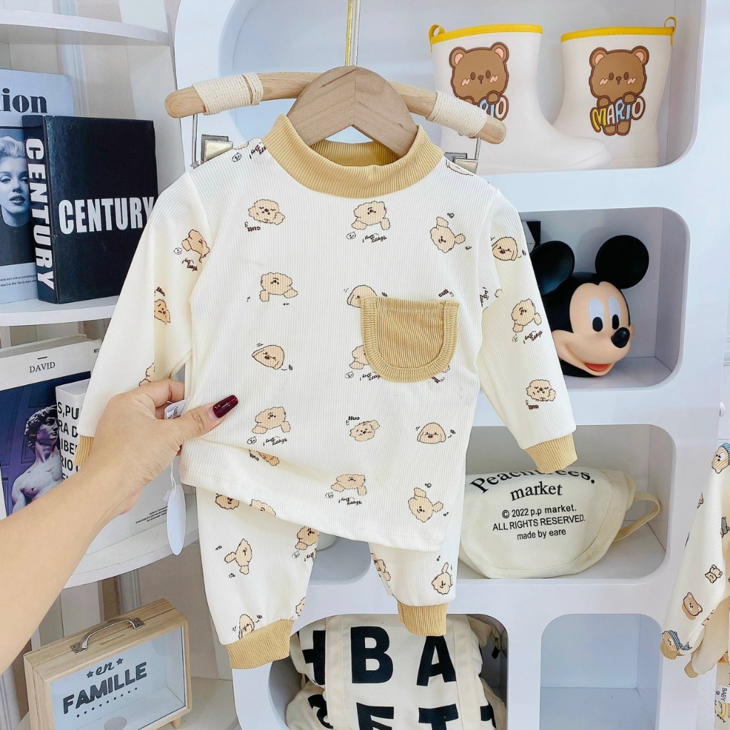 Bộ thu đông dài tay cho bé, tăm dài tay, hoạ tiết, cổ 3 phân, túi ngực size 6-16kg