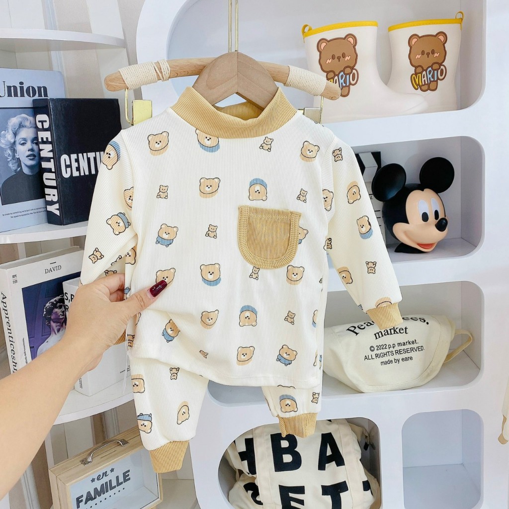 Bộ thu đông dài tay cho bé, tăm dài tay, hoạ tiết, cổ 3 phân, túi ngực size 6-16kg