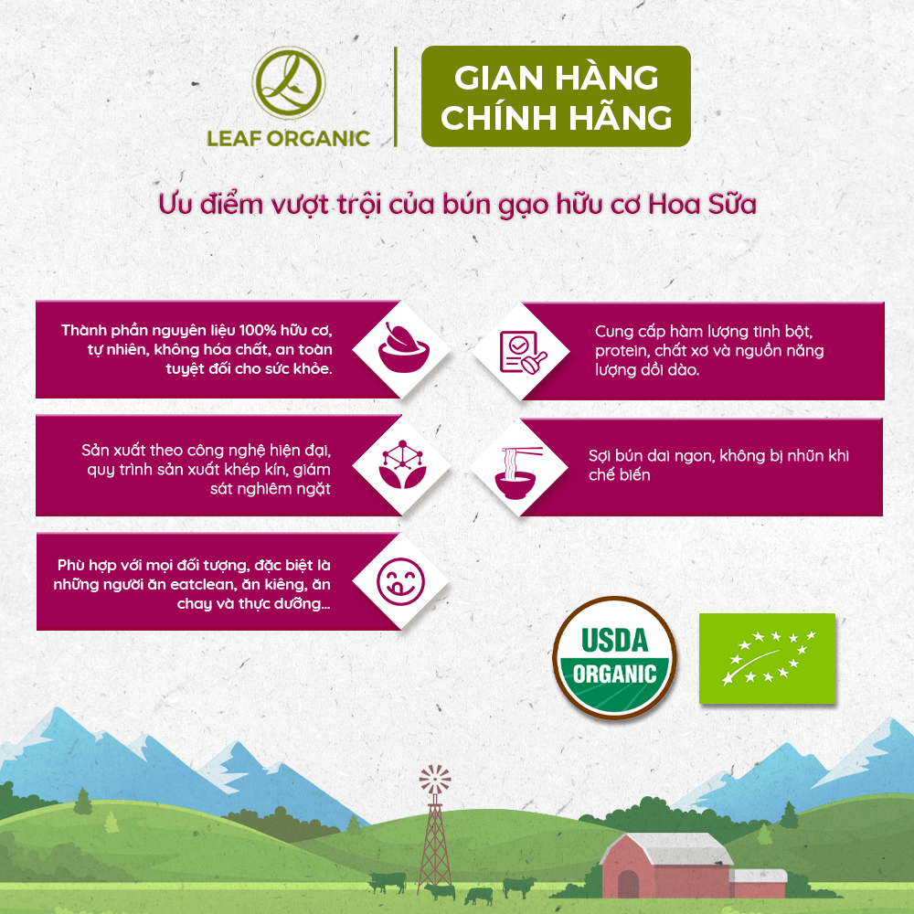 Bún gạo hữu cơ Hoa Sữa 250g Sợi mềm dai, không bị nhũn