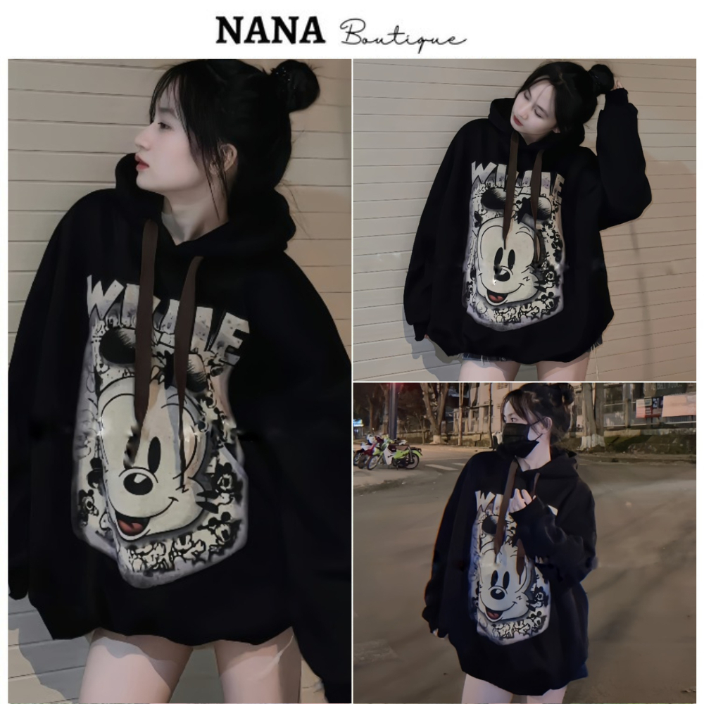 Áo hoodie in hoạ tiết mickey form rộng dáng dài, áo hoodie nỉ xinh xắn