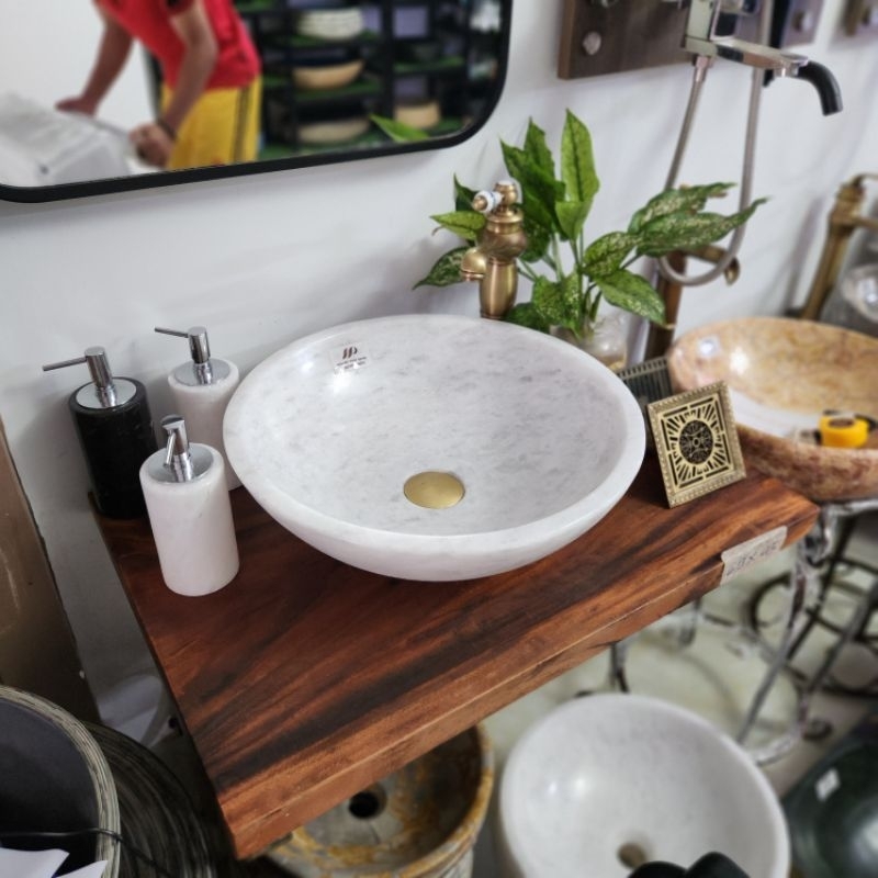 Lavabo đá tự nhiên trắng, Chậu rửa mặt đá tự nhiên cao cấp