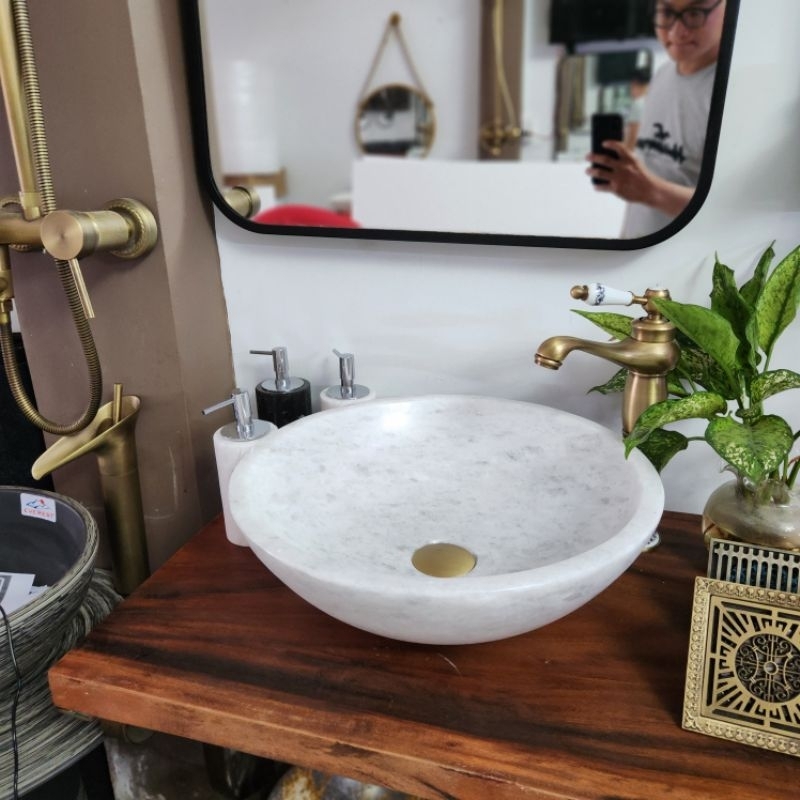 Lavabo đá tự nhiên trắng, Chậu rửa mặt đá tự nhiên cao cấp