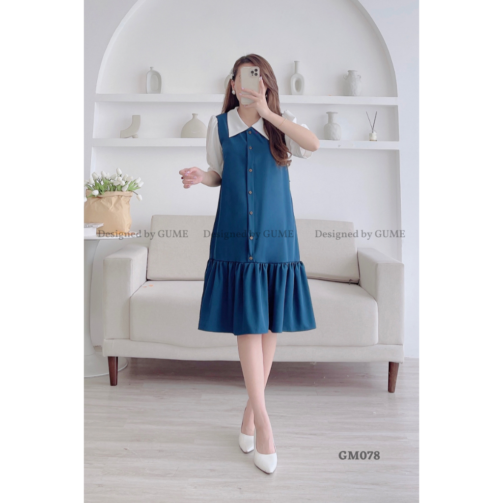 Đầm Bầu Công Sở 40-130kg - Váy Bầu GUME - Váy kaki chéo cúc gỗ cổ trắng 2 màu GM078