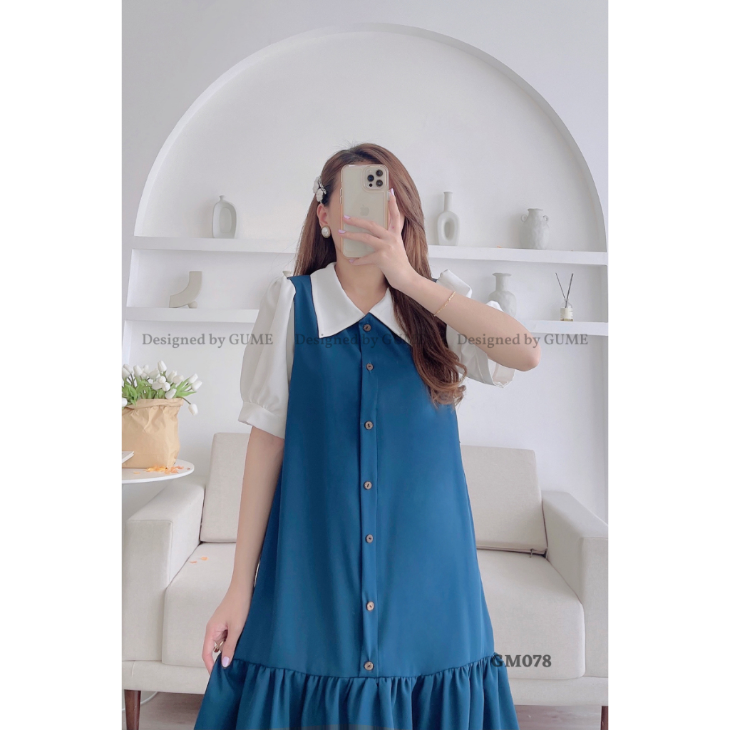 Đầm Bầu Công Sở 40-130kg - Váy Bầu GUME - Váy kaki chéo cúc gỗ cổ trắng 2 màu GM078