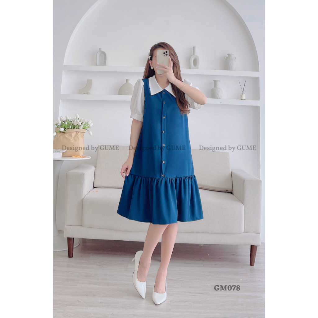 Đầm Bầu Công Sở 40-130kg - Váy Bầu GUME - Váy kaki chéo cúc gỗ cổ trắng 2 màu GM078