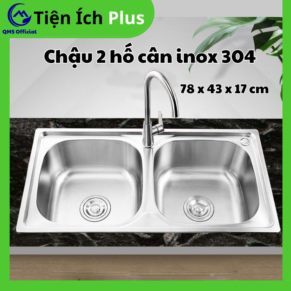 Chậu rửa chến 2 hố cân QMS - CR005 chất liệu Inox 304 kích thước 78x43x17 độ bên, chống gỉ cực tốt - Tặng kèm xi phông