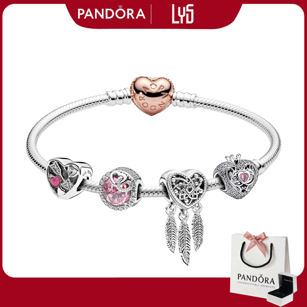 Vòng Tay Pandora Mix Charm Fullbox Bạc S925 - Vòng tay charm chủ đề tình yêu màu hồng