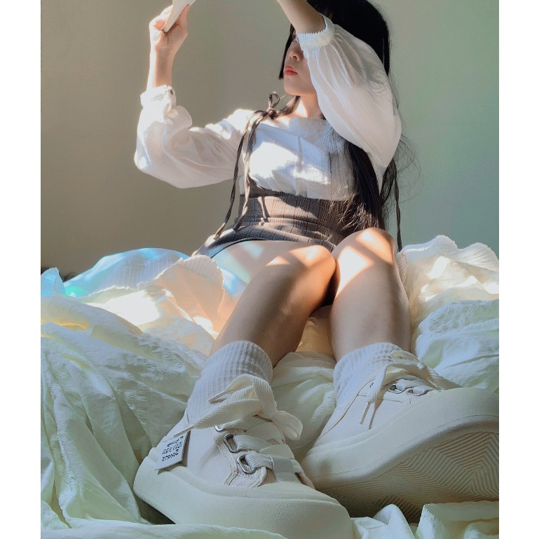 🍓  Giày Nữ Đi Học Giày Bánh Mì Đạp Gót Màu Kem Dây To Phong Cách Hàn Quốc  Ohahshop