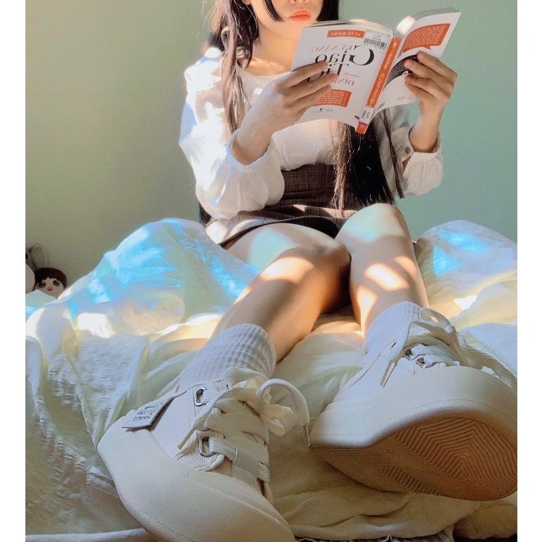 🍓  Giày Nữ Đi Học Giày Bánh Mì Đạp Gót Màu Kem Dây To Phong Cách Hàn Quốc  Ohahshop