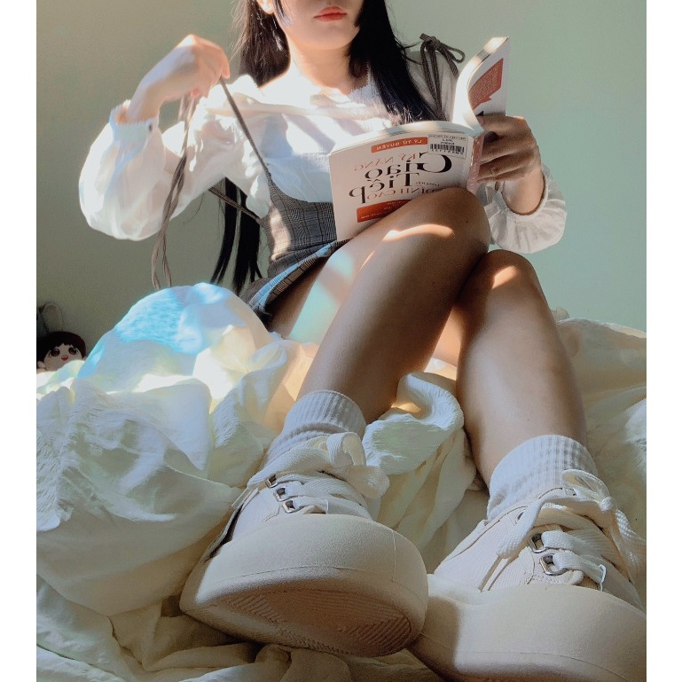 🍓  Giày Nữ Đi Học Giày Bánh Mì Đạp Gót Màu Kem Dây To Phong Cách Hàn Quốc  Ohahshop