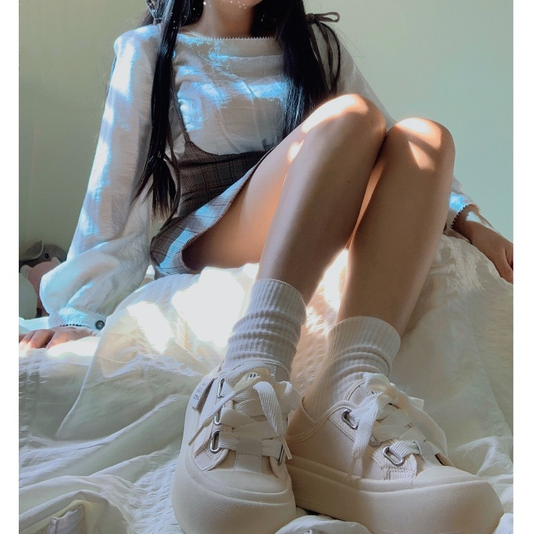 🍓  Giày Nữ Đi Học Giày Bánh Mì Đạp Gót Màu Kem Dây To Phong Cách Hàn Quốc  Ohahshop