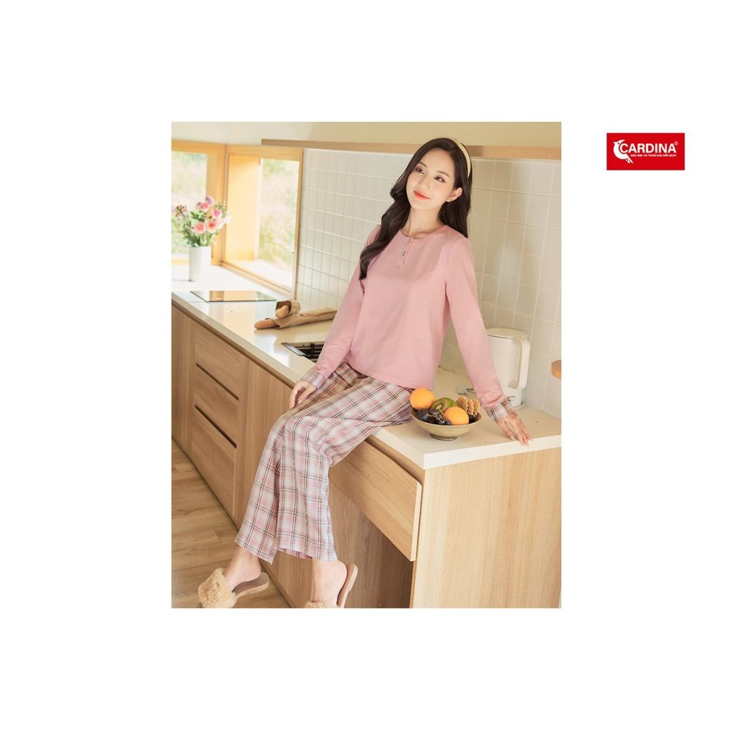 Đồ Bộ Nữ 𝐂𝐀𝐑𝐃𝐈𝐍𝐀 Vải Cotton Phối Kẻ Quần Đứng Tay Dài Co Dãn Thoái Mái Ôm Vừa Tôn Dáng Màu Đẹp Trẻ Trung 3BTD05