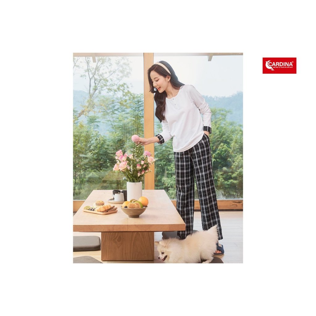 Đồ Bộ Nữ 𝐂𝐀𝐑𝐃𝐈𝐍𝐀 Vải Cotton Phối Kẻ Quần Đứng Tay Dài Co Dãn Thoái Mái Ôm Vừa Tôn Dáng Màu Đẹp Trẻ Trung 3BTD05