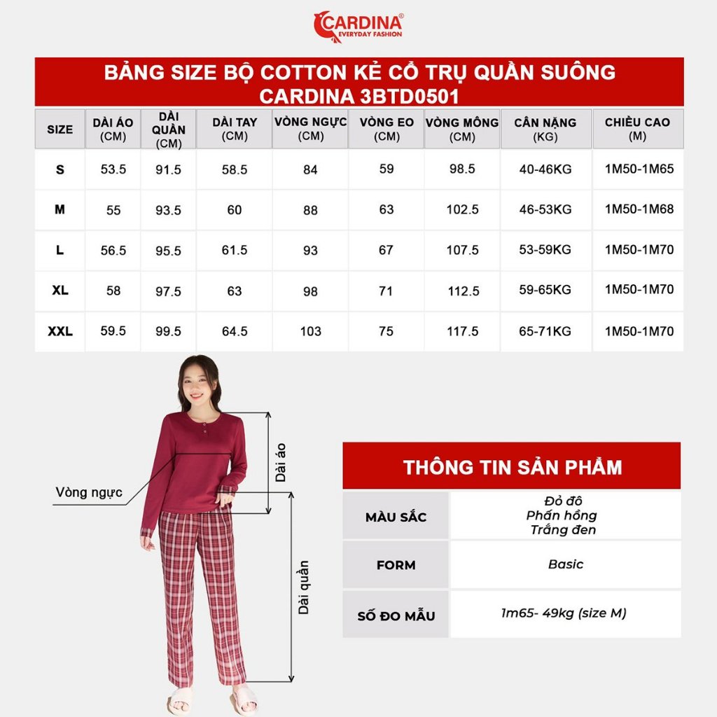 Đồ Bộ Nữ 𝐂𝐀𝐑𝐃𝐈𝐍𝐀 Vải Cotton Phối Kẻ Quần Đứng Tay Dài Co Dãn Thoái Mái Ôm Vừa Tôn Dáng Màu Đẹp Trẻ Trung 3BTD05