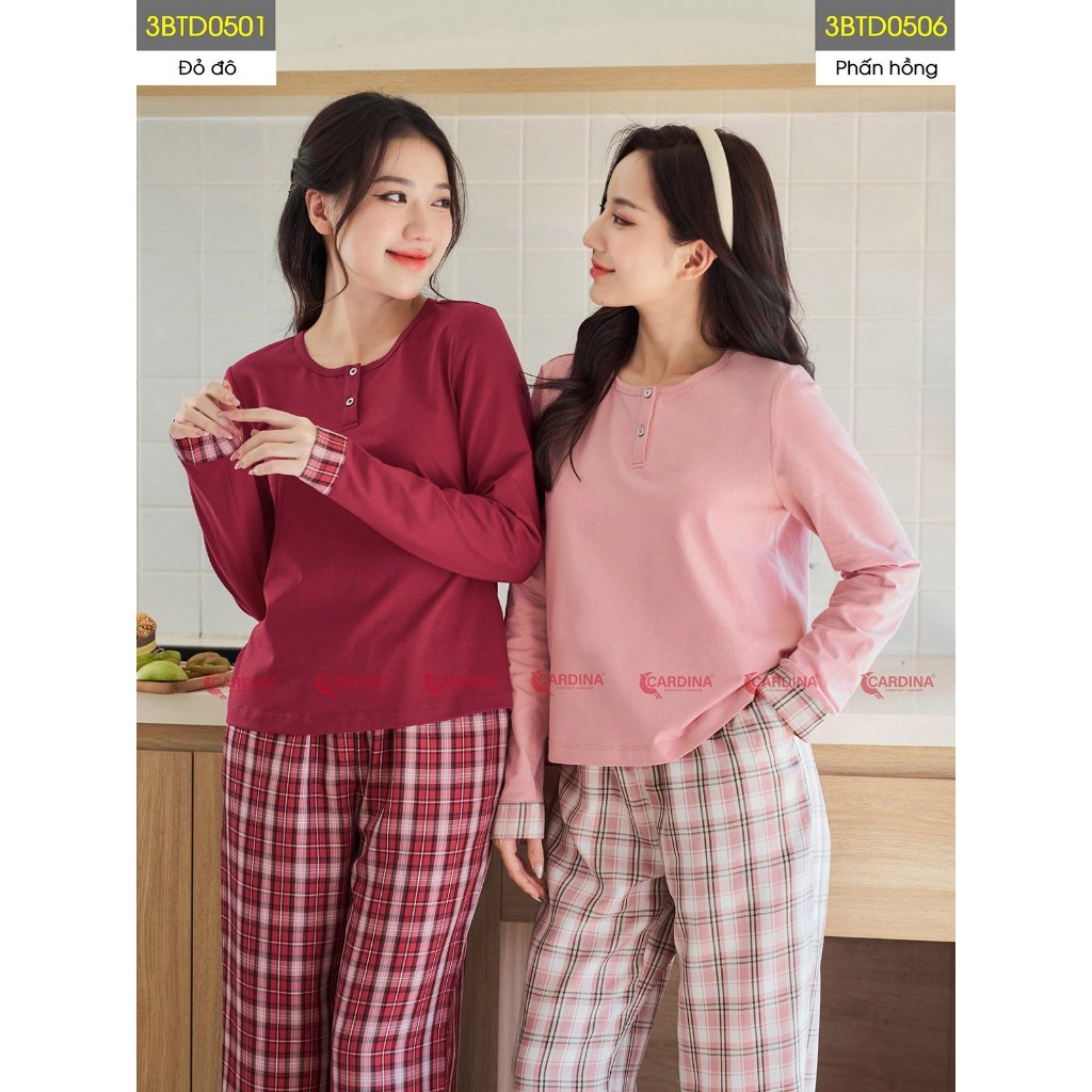 Đồ Bộ Nữ 𝐂𝐀𝐑𝐃𝐈𝐍𝐀 Vải Cotton Phối Kẻ Quần Đứng Tay Dài Co Dãn Thoái Mái Ôm Vừa Tôn Dáng Màu Đẹp Trẻ Trung 3BTD05