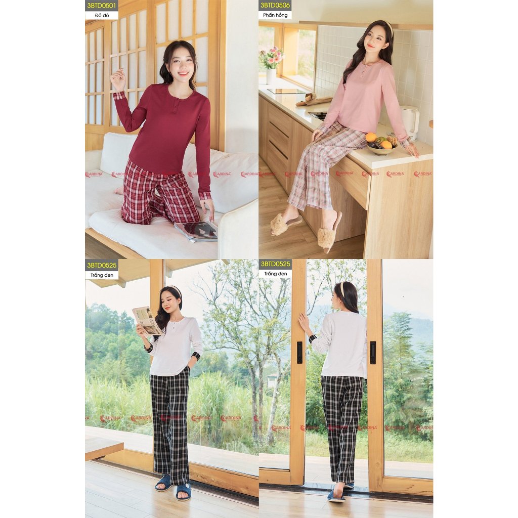 Đồ Bộ Nữ 𝐂𝐀𝐑𝐃𝐈𝐍𝐀 Vải Cotton Phối Kẻ Quần Đứng Tay Dài Co Dãn Thoái Mái Ôm Vừa Tôn Dáng Màu Đẹp Trẻ Trung 3BTD05