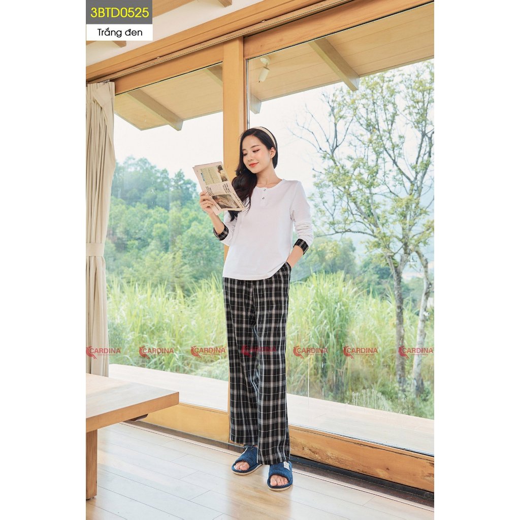 Đồ Bộ Nữ 𝐂𝐀𝐑𝐃𝐈𝐍𝐀 Vải Cotton Phối Kẻ Quần Đứng Tay Dài Co Dãn Thoái Mái Ôm Vừa Tôn Dáng Màu Đẹp Trẻ Trung 3BTD05