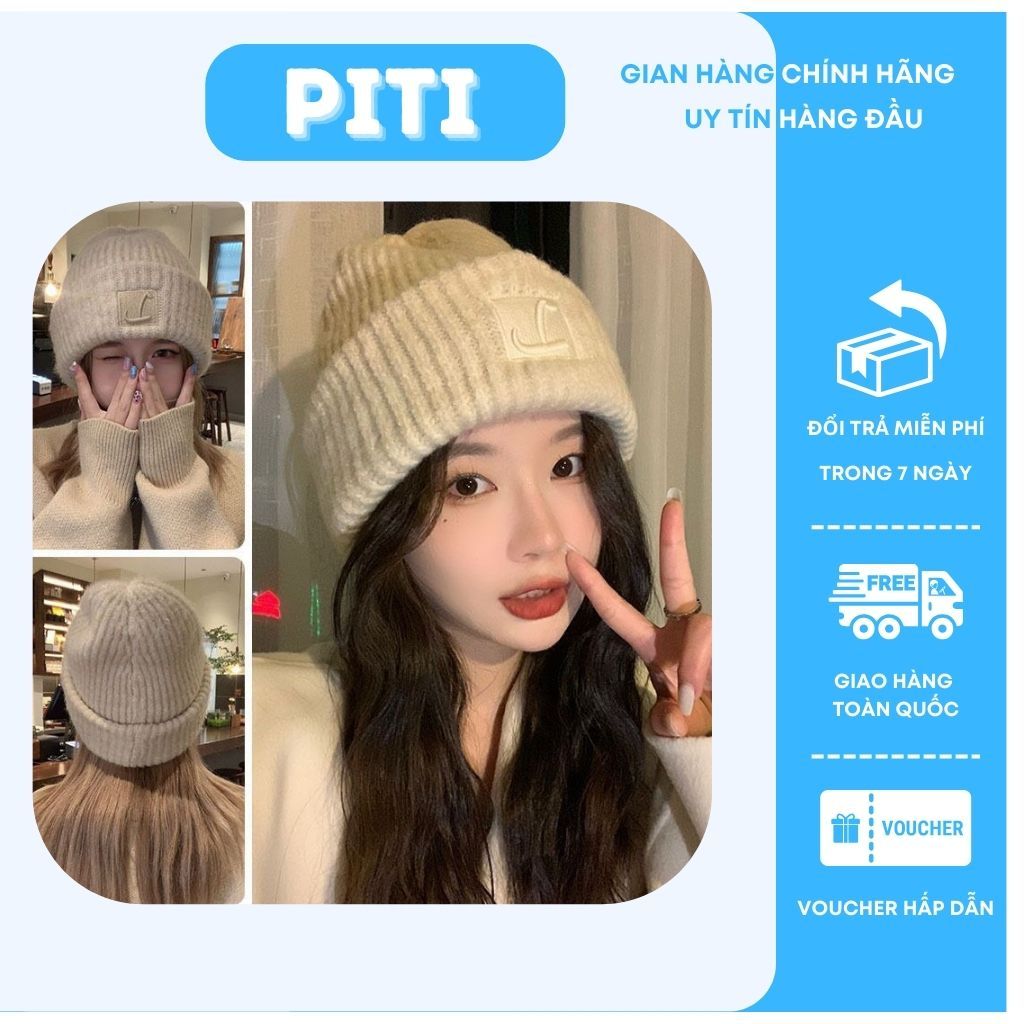 Mũ len dệt kim cao cấp PITI thêu nổi chữ L nón len trùm đầu nam nữ phong cách thời trang mùa đông ấm áp