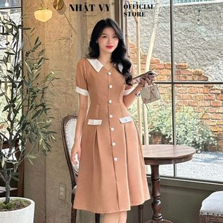 Đầm dáng xoè Nhật Vy cổ V phối bèo cổ đính nút kiểu chất lụa phù hợp dạo phố cafe sang chảnh - D2847
