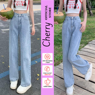 Quần jean nữ ống rộng CHERRY cạp cao dáng suông, quần bò nữ baggy chất denim xịn T008