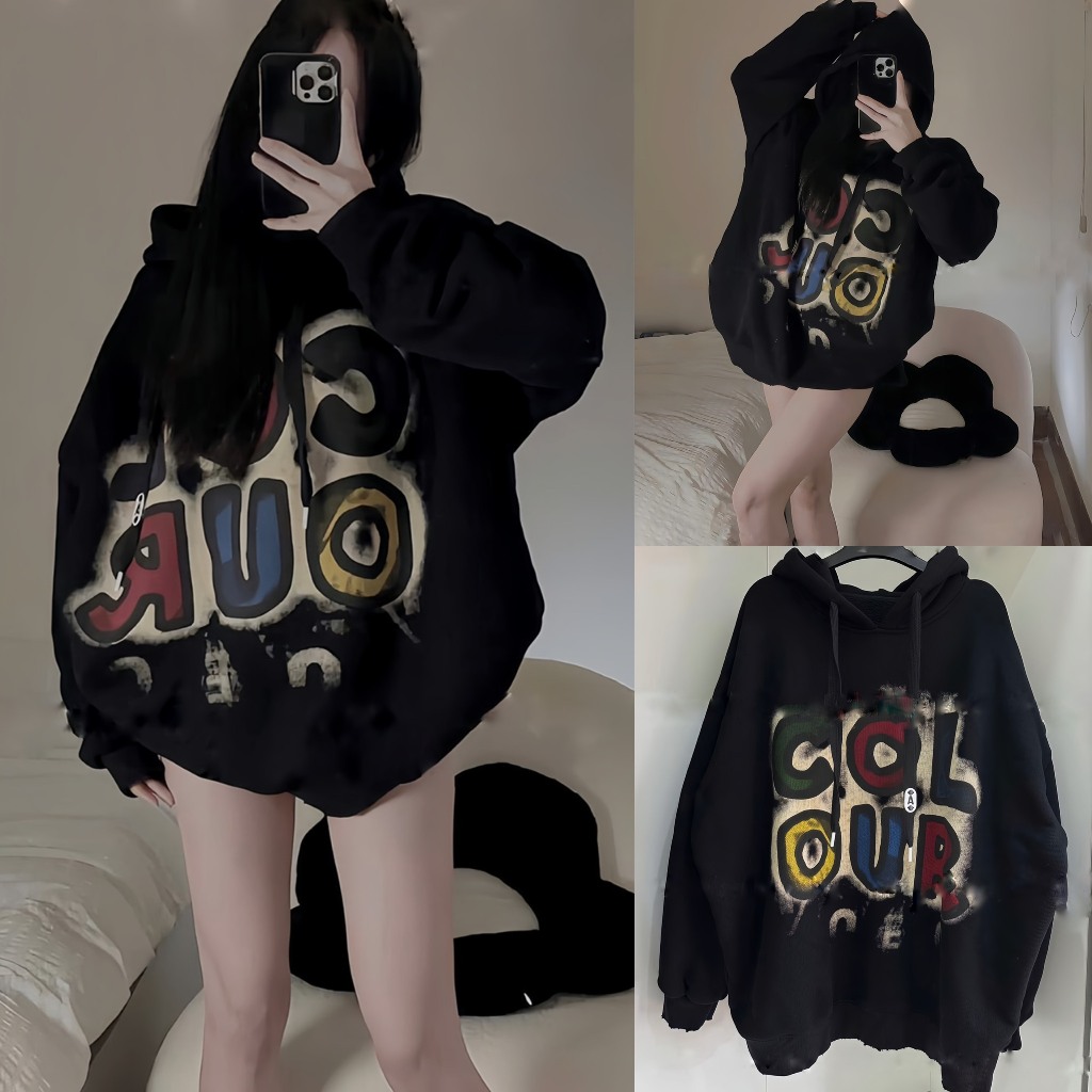 Áo Hoodie Tay Bồng Dáng Rộng In Chữ COLOUR Nhiều Màu, Áo Nỉ Mũ 2 Lớp Chất Liệu 2ZA Cao Cấp