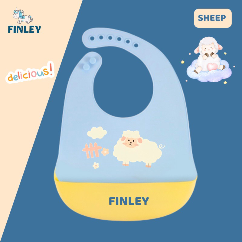 Yếm ăn dặm cho bé silicone FINLEY chống thấm nước, có máng hứng thức ăn rơi, hoạt hình đáng yêu