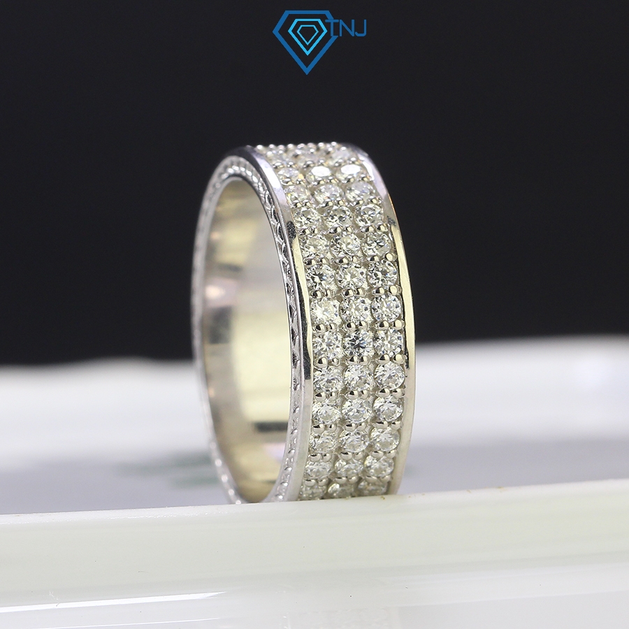  Nhẫn nam bạc đính full kim cương Moissanite bản tròn xi bạch kim trang sức cao cấp bạc nam NNAM0050 - Trang Sức TNJ 