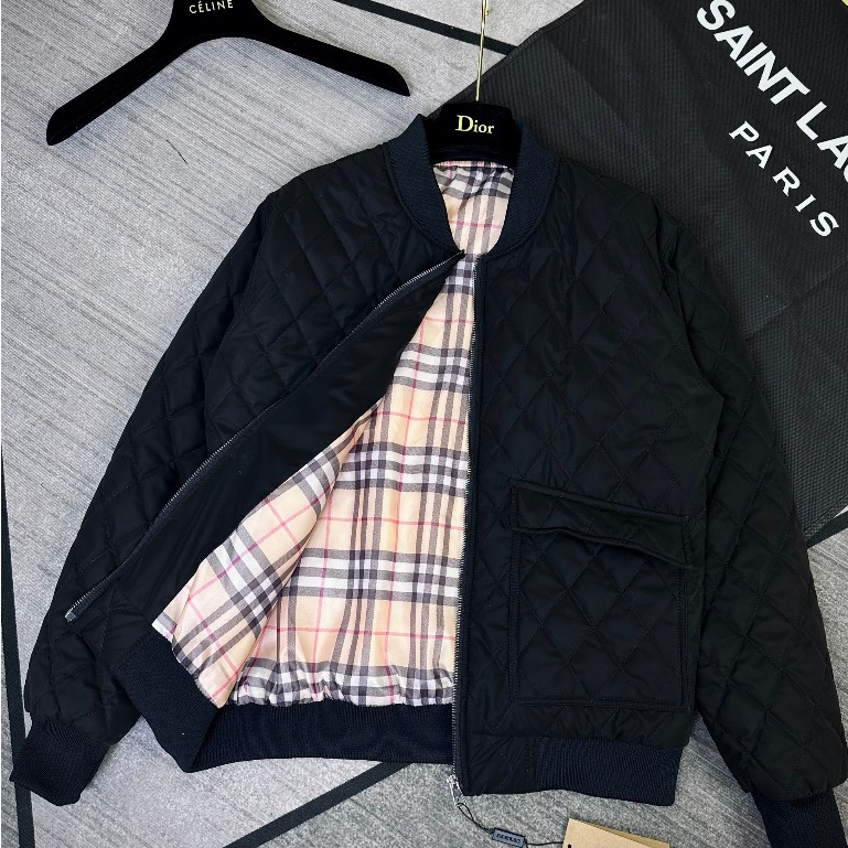 Áo khoác phao nam nữ BBR nhung lì trần bông quả trám túi khoá zip tay thêu logo cao su sọc be mặt trong siêu hót 2023