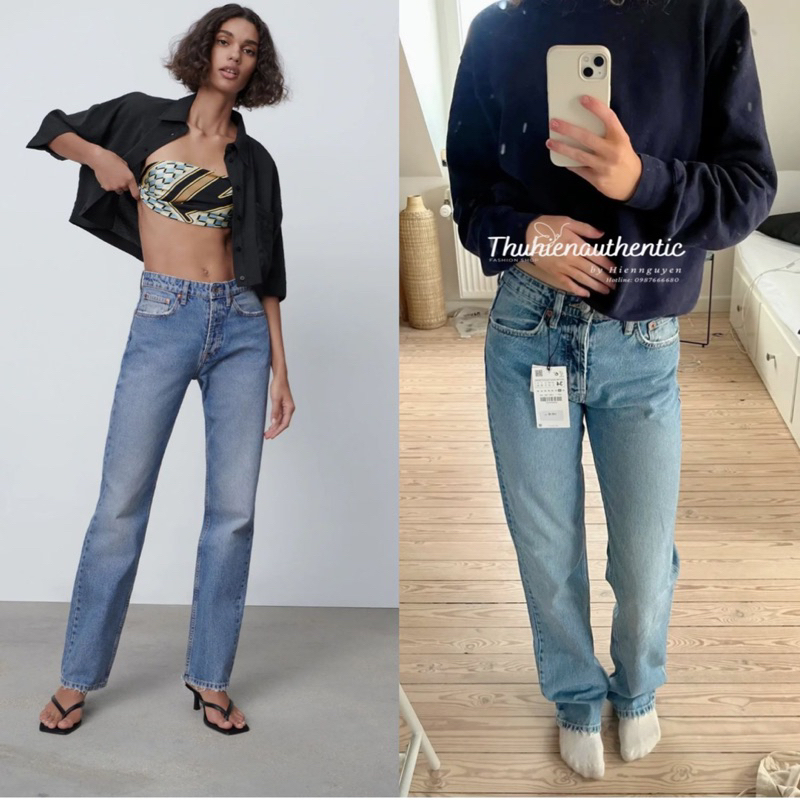 (Sẵn eo 68/70)Quần jean ống thẳng dài vừa vặn xanh sáng mã code: 4365/064/400 ZARA chính hãng(kèm ảnh thật)