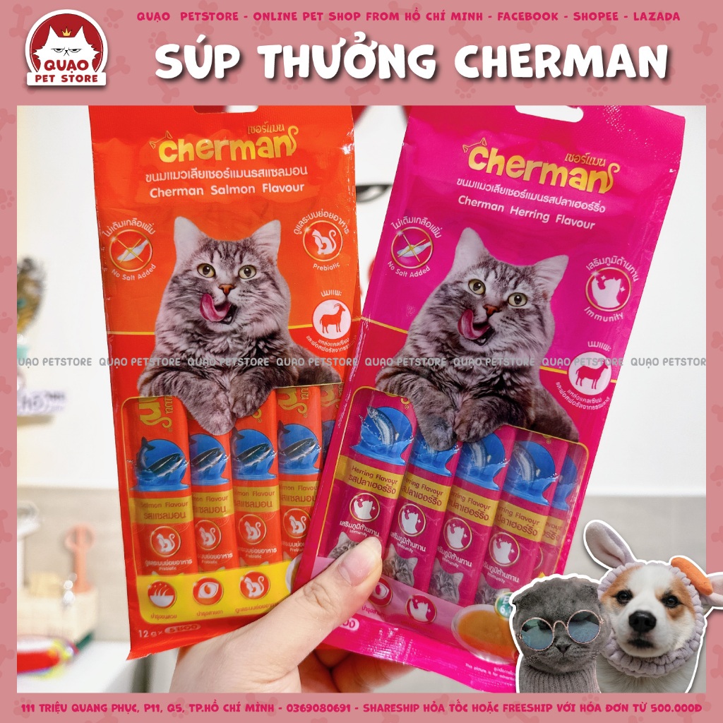 Súp thưởng Cherman Thái Lan, snack thưởng dinh dưỡng hấp dẫn cho mèo gói 5 thanh