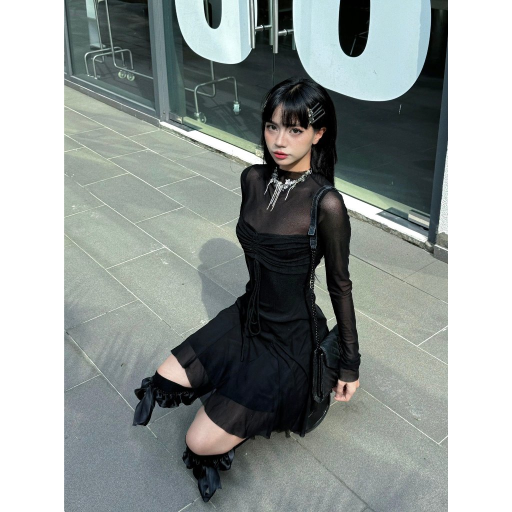 Đầm body quyến rũ Viibodysuit , đầm mini hai dây phối lưới tay loe dài 2K thanh lịch cho nữ | JOI Dress | Secodee