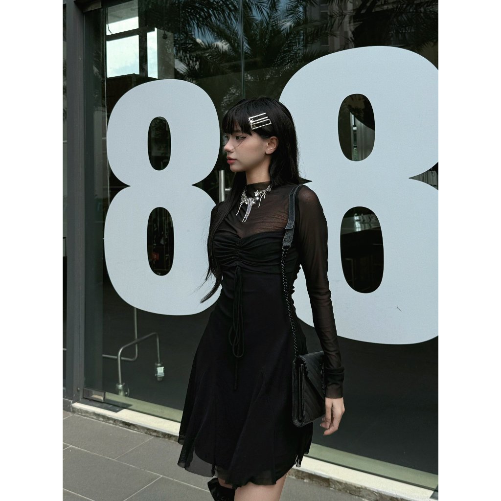 Đầm body quyến rũ Viibodysuit , đầm mini hai dây phối lưới tay loe dài 2K thanh lịch cho nữ | JOI Dress | Secodee