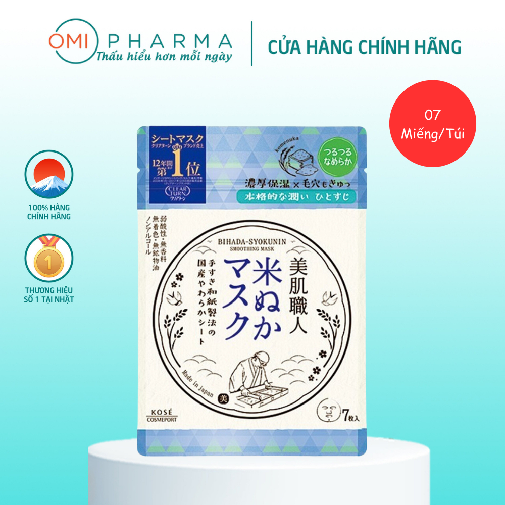 Mặt Nạ Dưỡng Mềm Mịn Da Chứa Chiết Xuất Cám Gạo Bihada-Syokunin Clear Turn Kose Nhật Bản (7 Miếng/Túi)