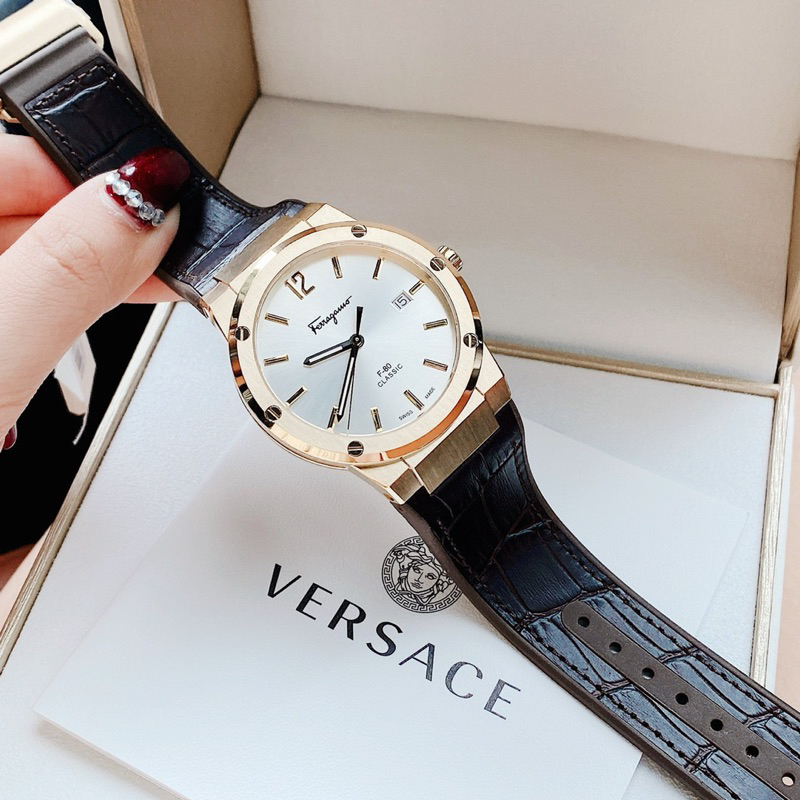 Đồng hồ nam Salvatore Ferragamo F80 classic dây cao su bọc da màu nâu cực hót