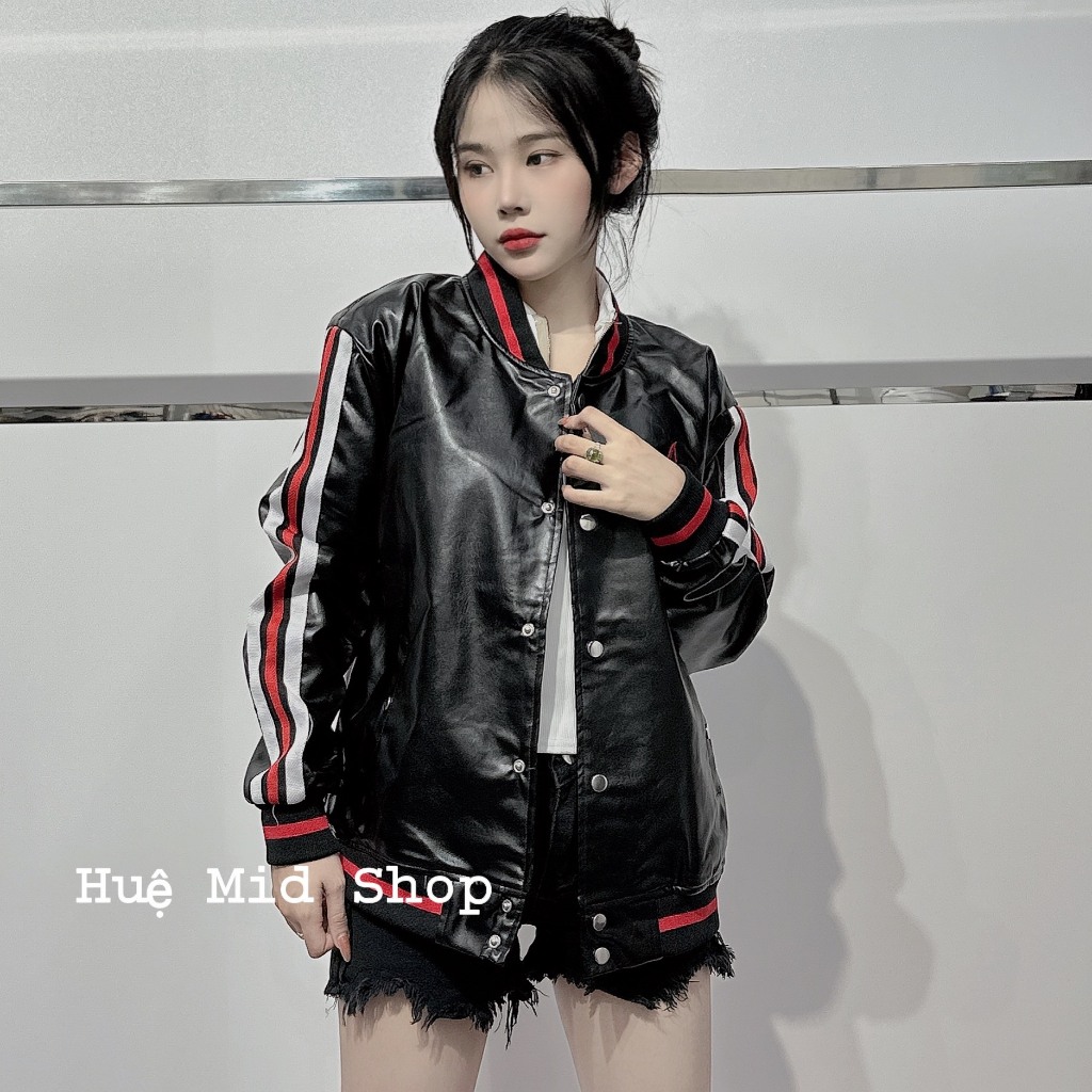 Áo khoác bomber da phối sọc đỏ đen đơn giản hai lớp