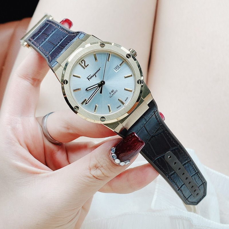 Đồng hồ nam Salvatore Ferragamo F80 classic dây cao su bọc da màu nâu cực hót