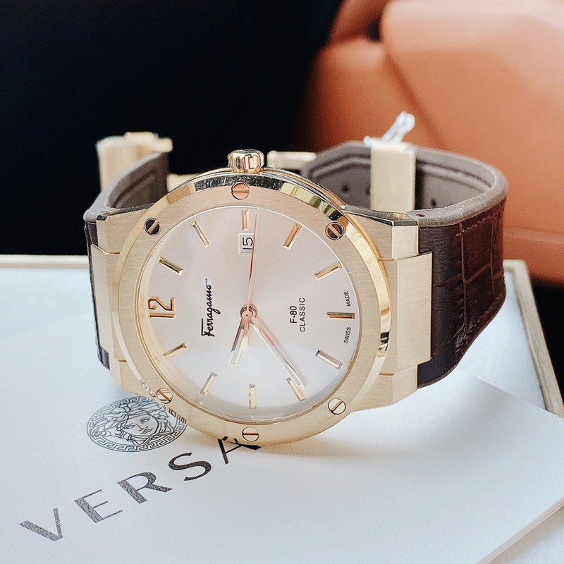 Đồng hồ nam Salvatore Ferragamo F80 classic dây cao su bọc da màu nâu cực hót