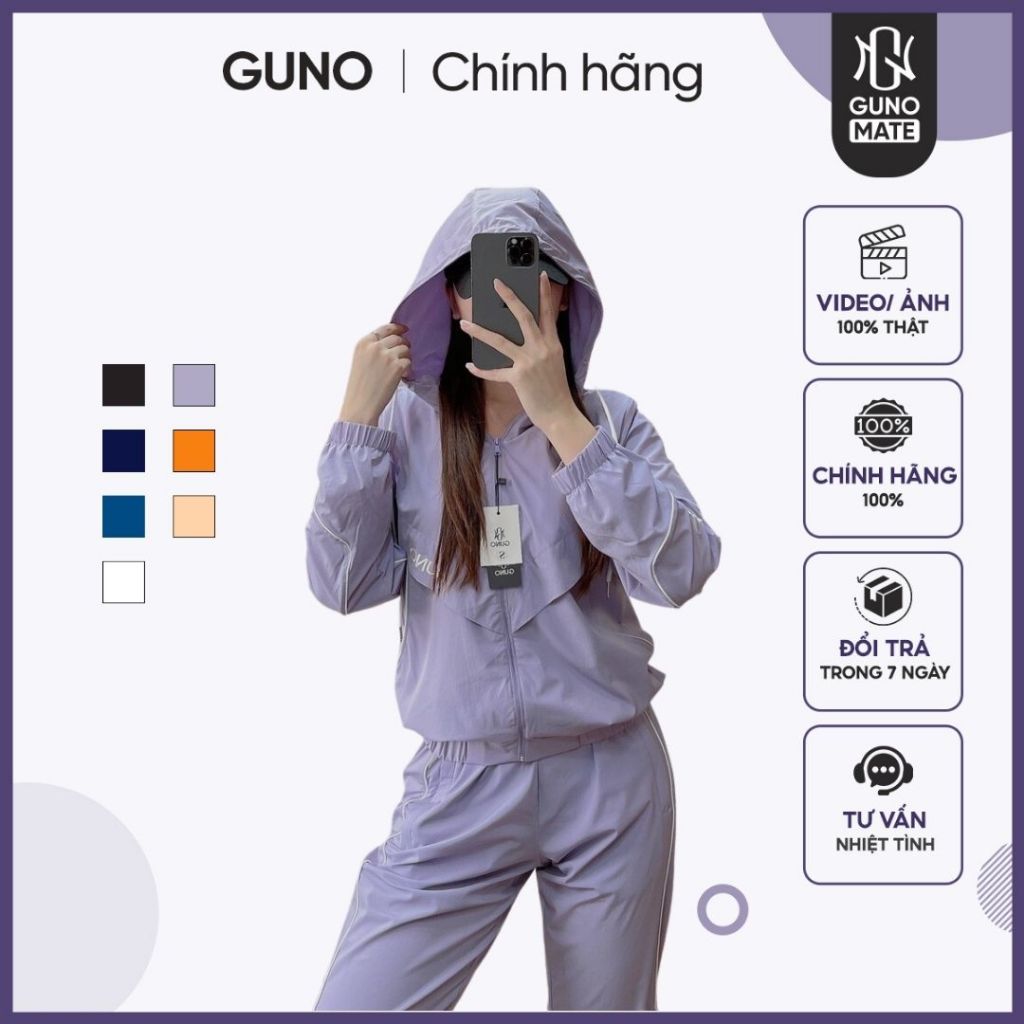 Bộ gió thể thao nữ GUNO 23DBNU01 cao cấp, set đồ thu đông có mũ dây rút lót 2 lớp dày dặn thethao.vnxk