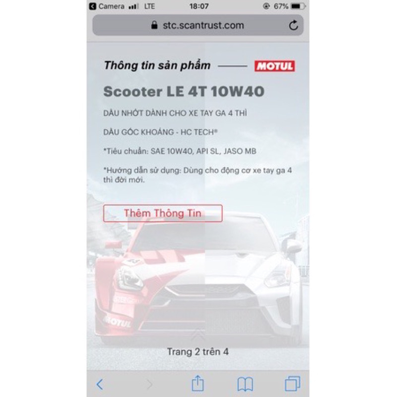 Dầu nhớt Motul 10w40 800ml chuyên dùng cho xe tay ga