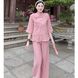Set cách tân đi lễ chất đũi tằm thêu sen cc