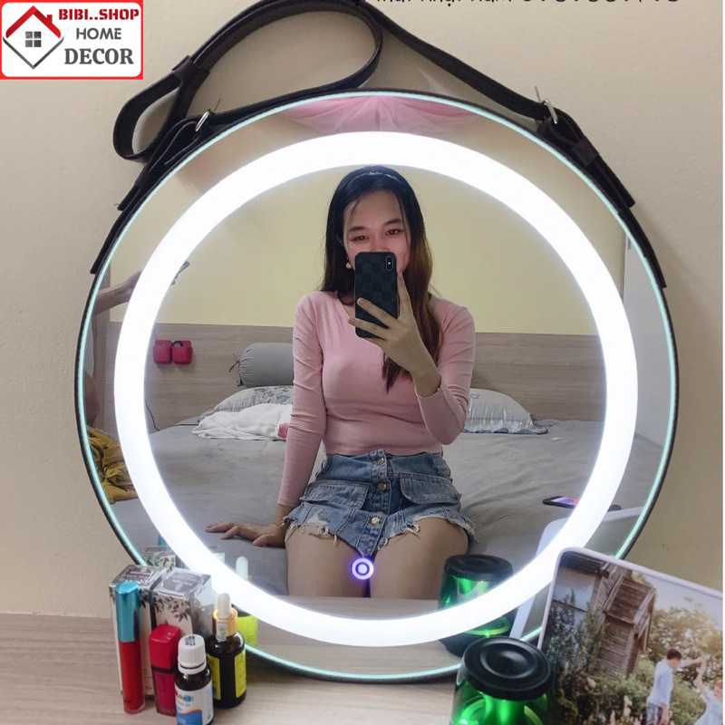 Gương treo tường tròn đèn led 3 màu viền dây da , Gương nhà tắm đèn led phong cách bắc âu sang trọng - BiBi..Shop
