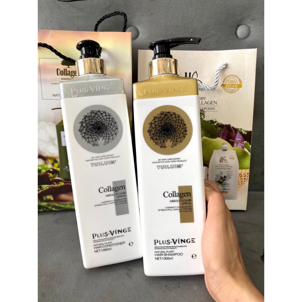 Cặp dầu gội xả Collagen VINGE 1000ml Thơm, Mềm, Mượt Tặng kèm 1 tuýp thử