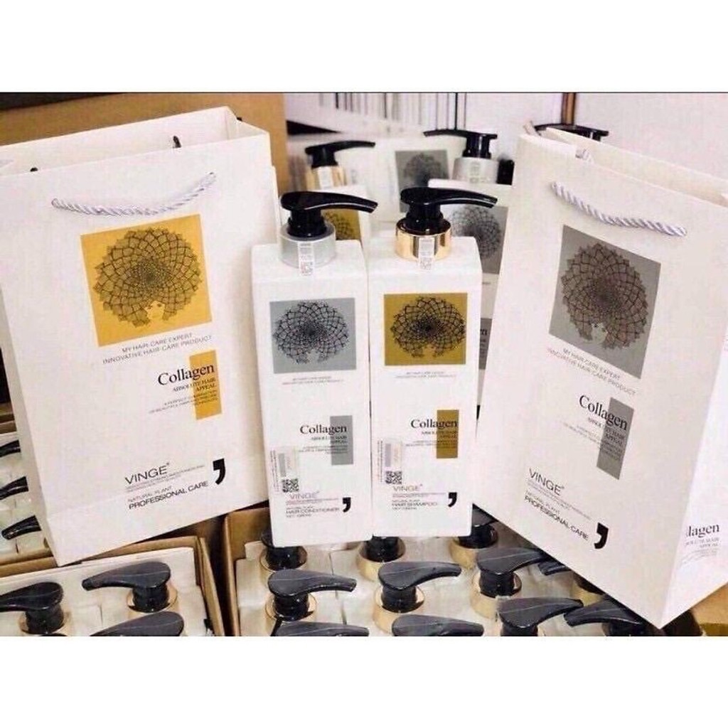 Cặp dầu gội xả Collagen VINGE 1000ml Thơm, Mềm, Mượt Tặng kèm 1 tuýp thử