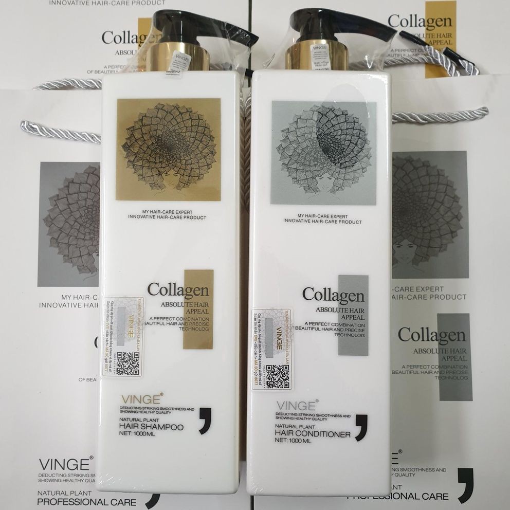 Cặp dầu gội xả Collagen VINGE 1000ml Thơm, Mềm, Mượt Tặng kèm 1 tuýp thử